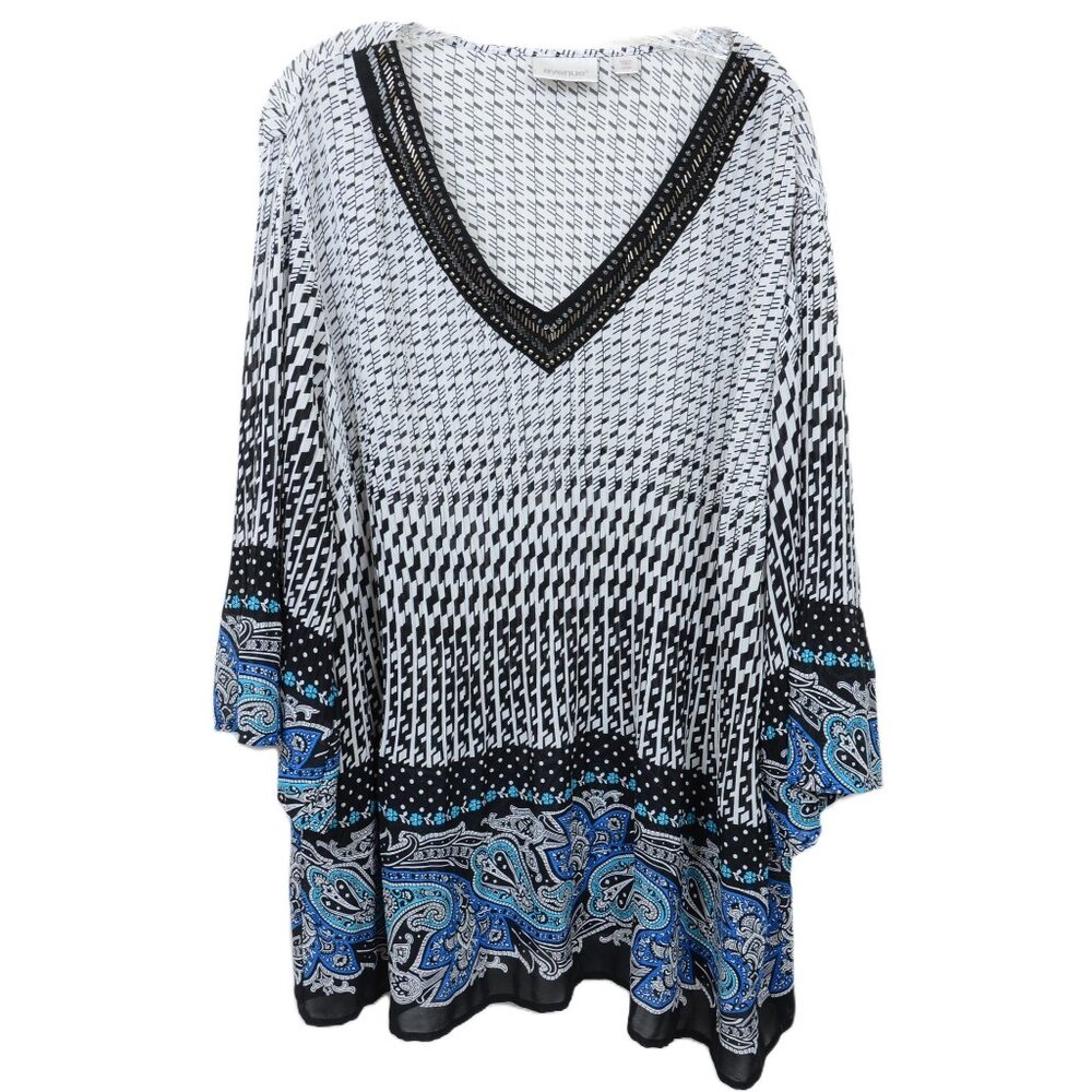 Avenue Women's 3X Paisley Colorful Beaded Neckline Bell 3/4 Sleeve Tunic Top